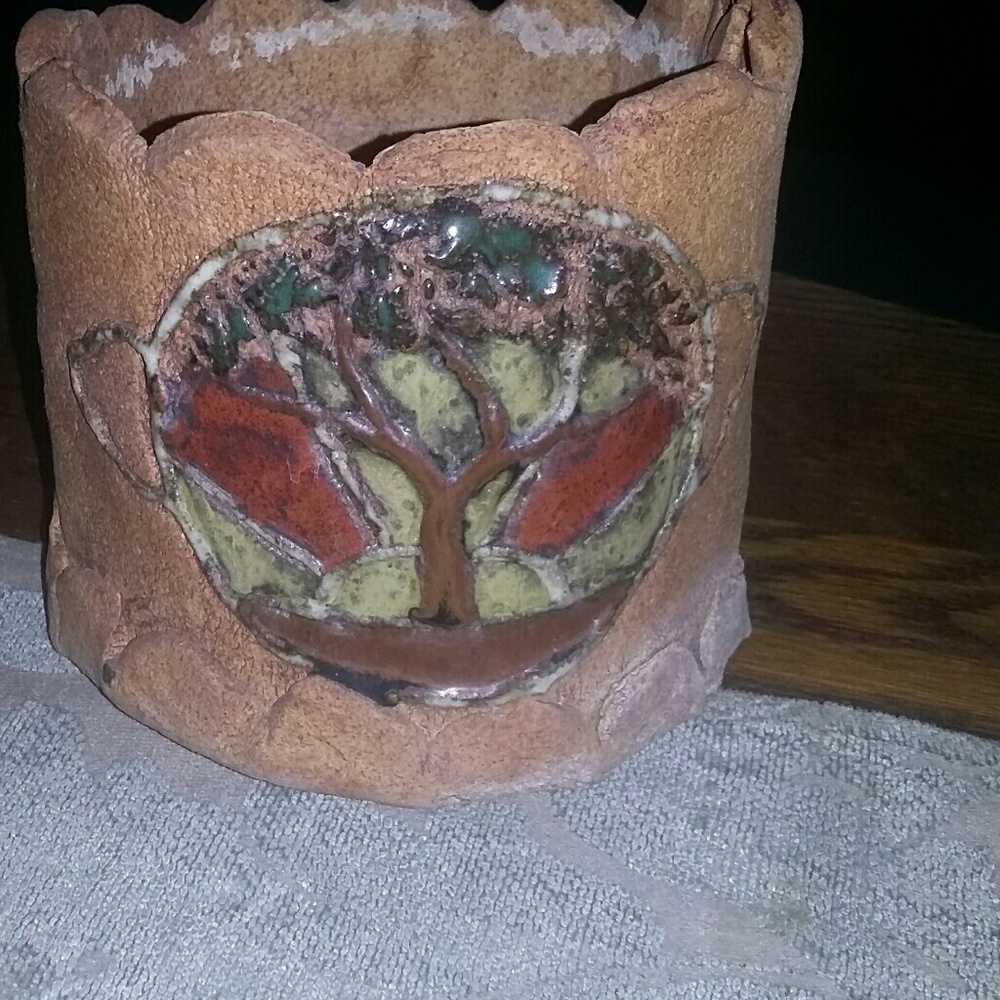 Hand Made clay pot with a tree picture
